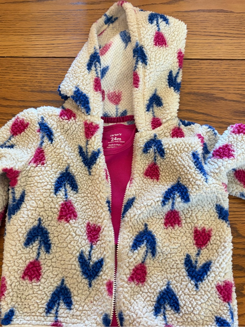 Carter's Cream Sherpa Hooded Jacket with Pink & Blue Floral Motif